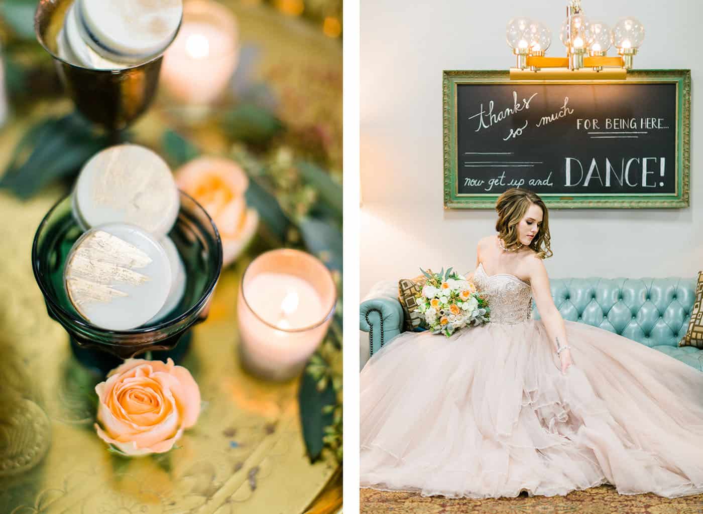 bride on blue leather sofa with gold-brushed macarons rachael osborn client questions