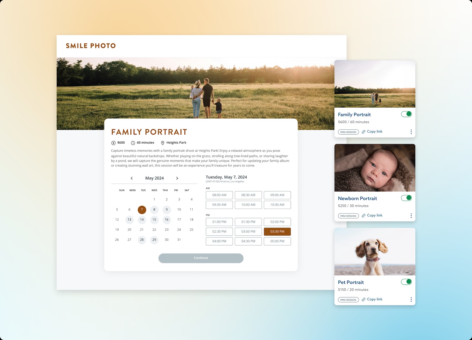The image shows a website interface for a photography service, featuring a family portrait session with a calendar to select a date and time, alongside other portrait options like newborn and pet photography. The family portrait section displays a photo of a family in a field at sunset, emphasizing the natural and timeless quality of the service.