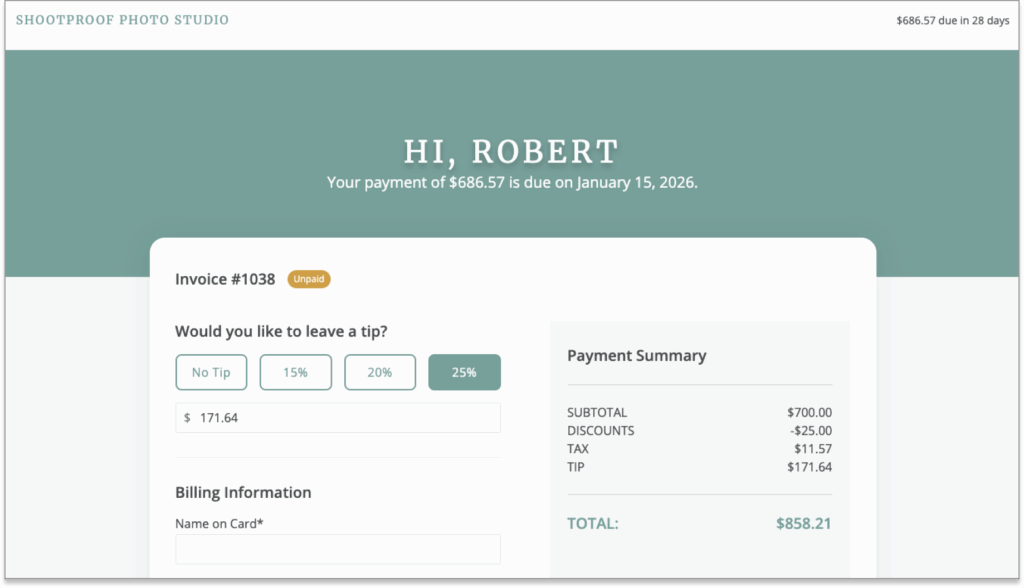 A screenshot of an online invoice from Shootproof Photo Studio addressed to Robert, showing an unpaid invoice for $686.57 due on January 15, 2026, with options to add a tip and a payment summary totaling $858.21. The invoice includes a subtotal of $700, discounts of $25, tax of $11.57, and a tip of $171.64.