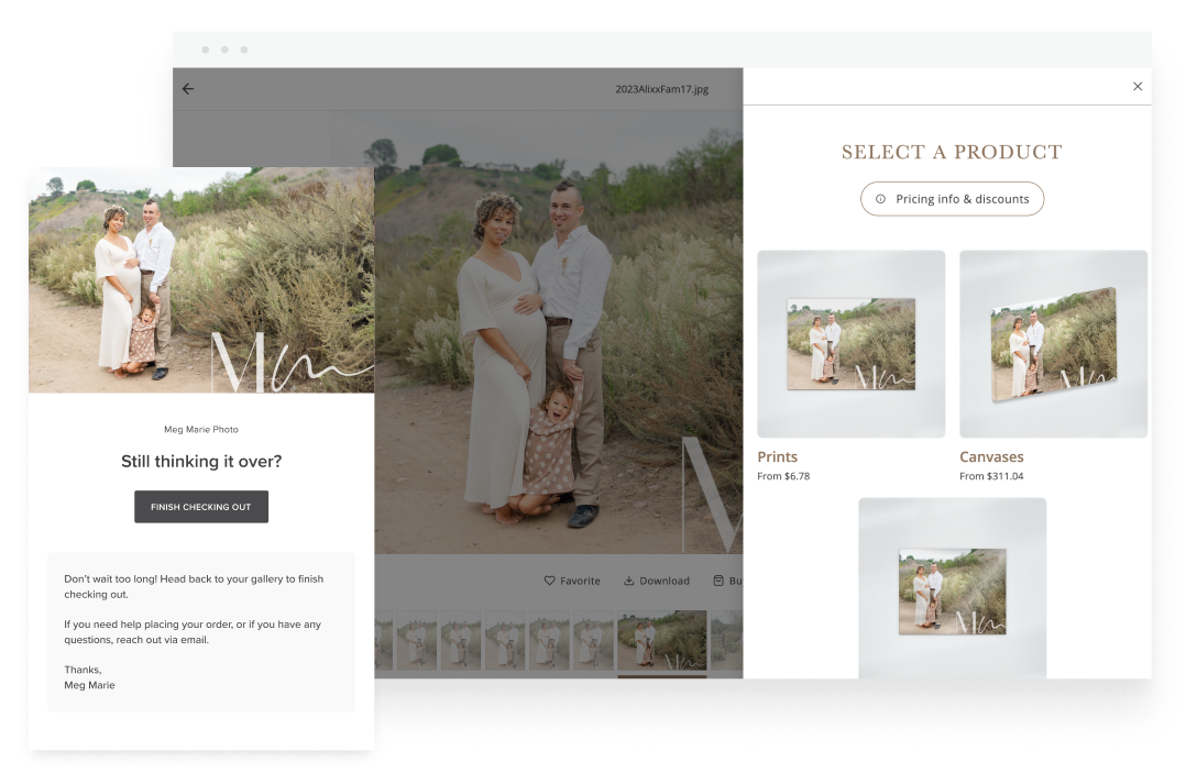 Website showing family photo prints and canvases for purchase; checkout prompt included
