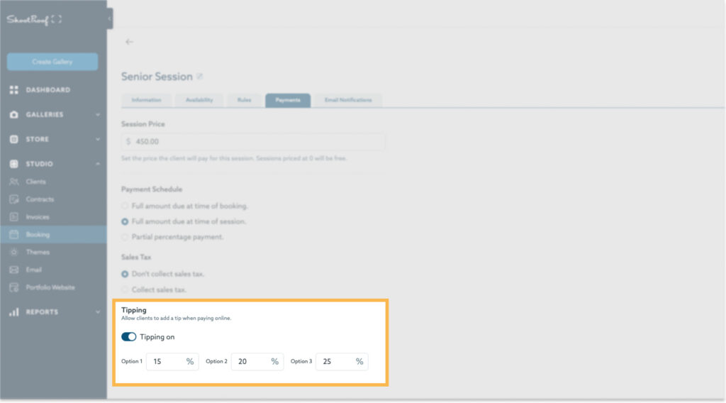 Screenshot of a ShootProof booking settings page, highlighting the Tipping section, which is enabled and offers percentage options of 15%, 20%, and 25%. The page also shows settings for session price, payment schedule, and sales tax.