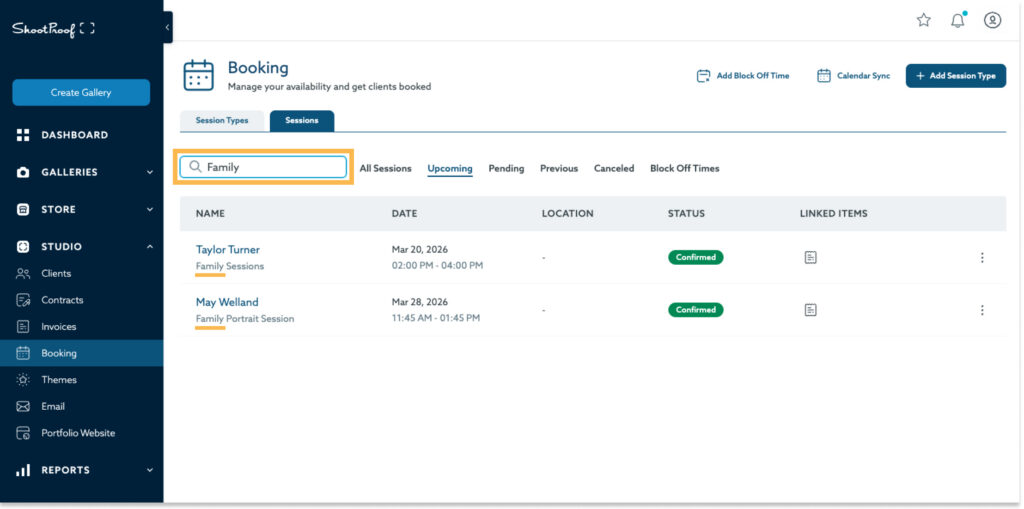 Screenshot of the Shootproof booking page, showing a list of upcoming family sessions with details like date, time, and confirmation status. The search bar is highlighted, with Family entered as the search term.