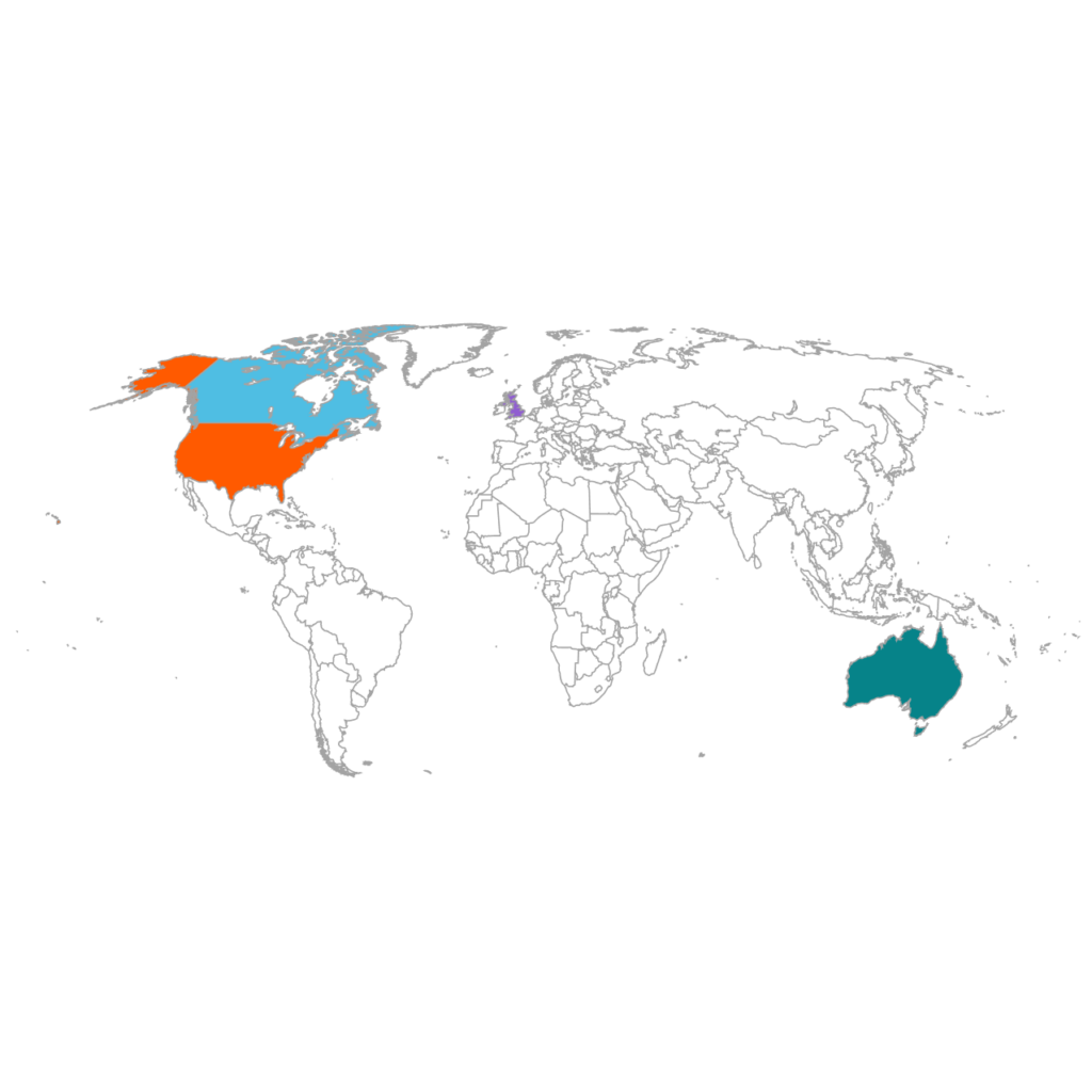 A world map with the United States highlighted in orange, Canada in light blue, the United Kingdom in purple, and Australia in teal. The rest of the world is outlined in gray.